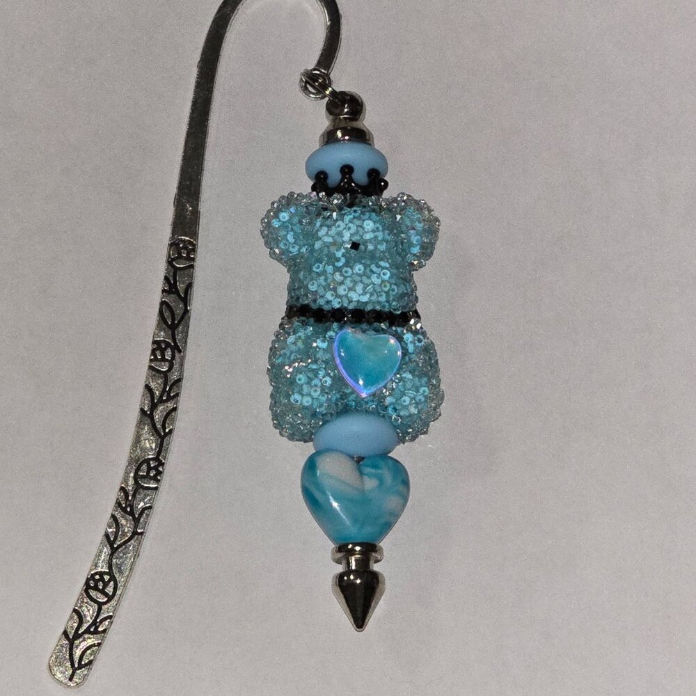 Hand Crafted Beaded Bookmark Bear Sequins Tiara Blues Silver Bookworm Love